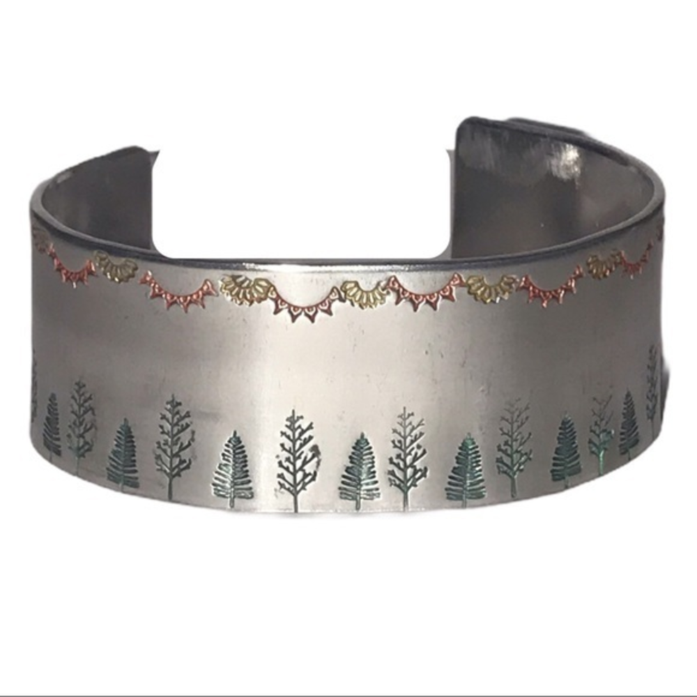 Handmade stamped silver forest & sun adjustable hypoallergenic cuff bracelet